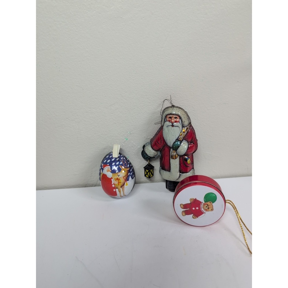 Tin St Nicholas‎ Christmas Ornament Santa Egg & Teddy bear Vintage
